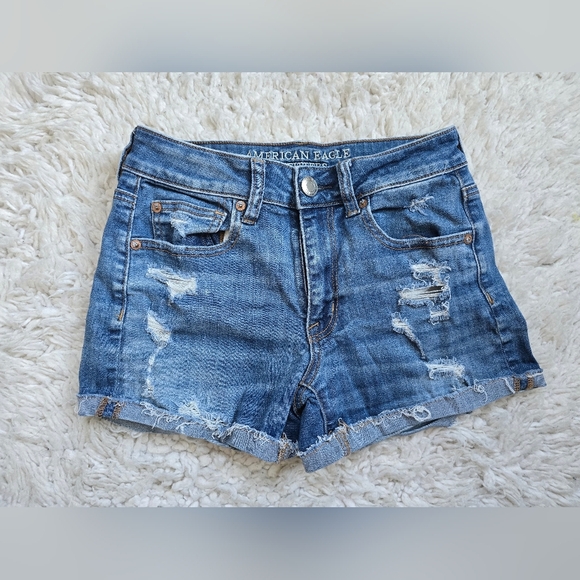 American Eagle Outfitters Hi-Rise Shortie Women's Blue Denim Shorts - Picture 2 of 9